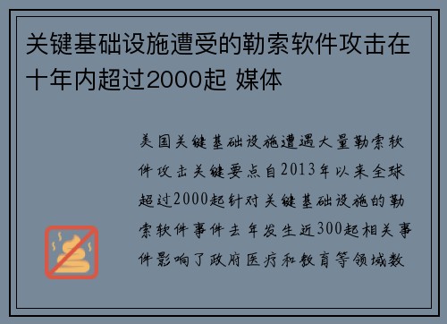 关键基础设施遭受的勒索软件攻击在十年内超过2000起 媒体